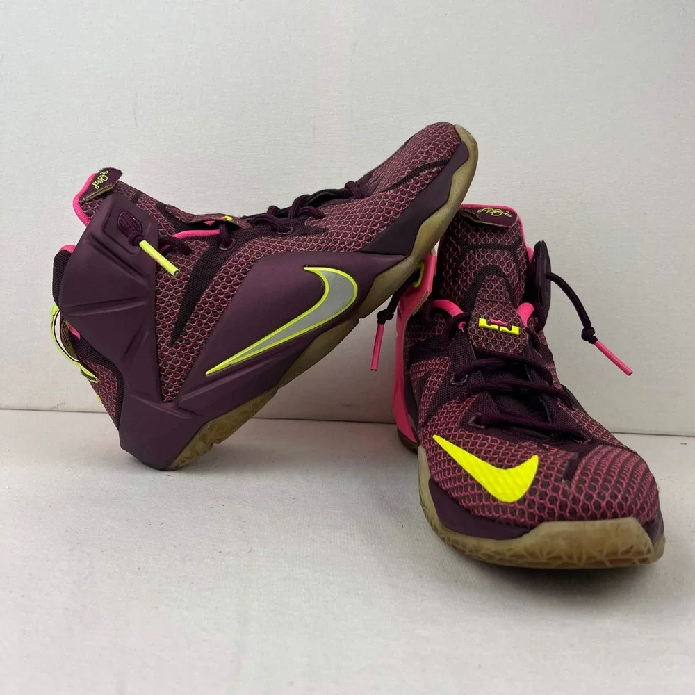 GUC Nike LeBron 12 Double Helix Basketball Shoes Maroon Pink Volt Boys Size 5Y